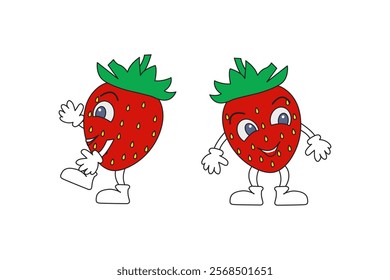Red strawberries are dancing. Strawberries are smiling on a white background. Hand-drawn vector illustration.