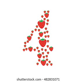 red strawberries in different size forming number four