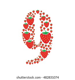 red strawberries in different size forming number nine