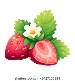 Red strawberries with flower and leaves on white background. Cartoon vector illustration in gradient for organic products, summer desserts and drinks