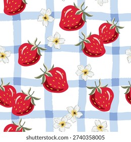 Red strawberries, flowers, gingham background. Vector illustration. Seamless pattern. Summer design. Garden sweet berry