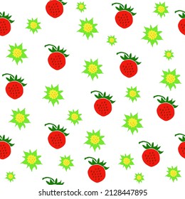 Fresas rojas e inflorescencias verdes sobre un fondo blanco. Patrón sin inconvenientes, vector design eps 10