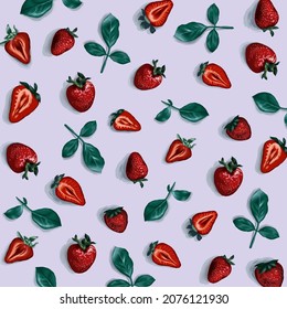 Red strawberries and green leafs pattern. Hand drawn vector illustration.