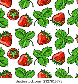 Red strawberries and green leaves. Seamless pattern. Banner with color berries. Hand-drawn flat image. Vector illustration on a white background.