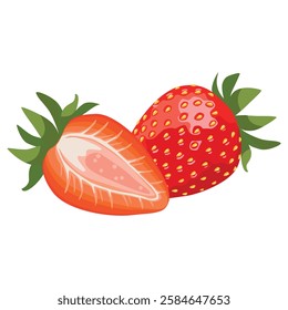 Red strawberries with green leaves. Vector cartoon illustration