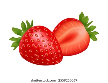 Red strawberries healthy berry summer food. Fresh ripe strawberry whole and cut in half. Vector flat cartoon natural and organic fruit product for dieting and nutrition, wet juicy food, sweet dessert