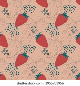 Red strawberries on beige background fruit seamless pattern. Vector illustration of an infinite pattern with linear leaves and colored drops. Ripe juicy fruits in a flat linear style.