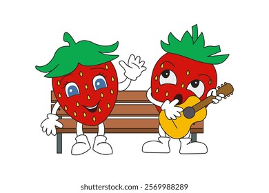 Red strawberries on a bench with a guitar. Strawberries sing on a white background. Hand-drawn vector illustration.