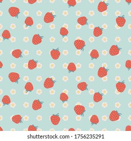 Red Strawberries On Light Blue Floral Seamless Vector Pattern. Summertime Picnic Theme Surface Print Design. For Girly Fabrics, Stationery, And Packaging.