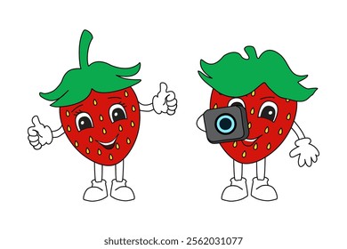 Red strawberries on a walk with a camera, smiling strawberries on a white background. Hand-drawn vector illustration.