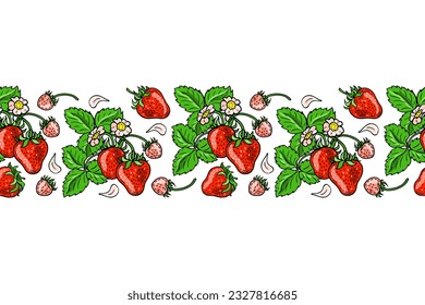 Red strawberries, pink flowers and green leaves. Seamless pattern. Banner with color berries. Hand-drawn flat image. Vector illustration on a white background.