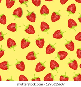 Red strawberries seamless pattern on a yellow background, fresh summer fruits.