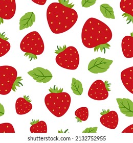 Patrón sin costuras de fresas rojas. Fresa aislada en fondo blanco y hojas verdes. Berry de verano en el jardín, impresión vectorial de vitaminas dulces