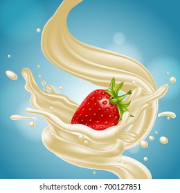 Red strawberries in a splash of white milk. Highly realistic illustration.