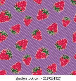 fresas rojas con vectores de fondo rayado patrón ininterrumpido fresa colorida con vectores de papel pintado púrpura 