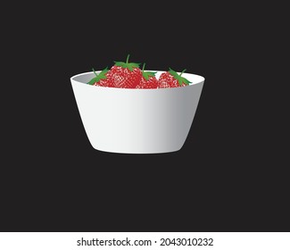 Red strawberries in a white bowl vector illustration on a black background ,flyer design.