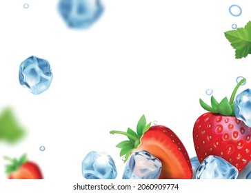 Red strawberry background. Sweet berry with ice cubes vecor realistic.