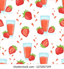 Red strawberry berries and fruit juice on a white background. Smoothies, healthy food, vector seamless pattern