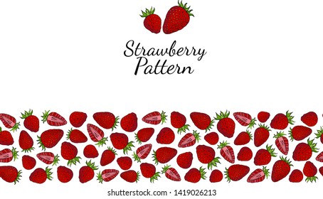 Red strawberry berries with green leaves seamless brush isolated on white background