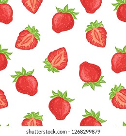 Red strawberry berries on a white background. Strawberry slices. Seamless vector pattern