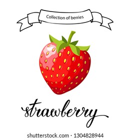 Red strawberry berry flat icon with handwritten text "strawberry". Vector illustration for posters, icons, greeting cards, print and web projects isolated on white