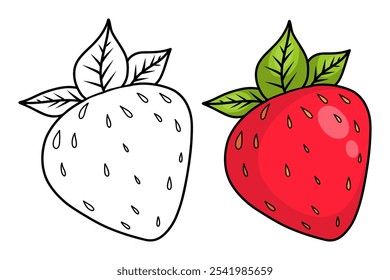 Red strawberry berry. Isolated outline stroke, line and color drawings. Vector illustration. Coloring book. Kids collection