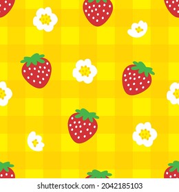 diseño de patrones de fresa roja. fondo amarillo dulce.impermeable sin costura, gingham, moda tierno, fresa fresca y jugosa y colorida en verano. Diseño de vectores para la moda.