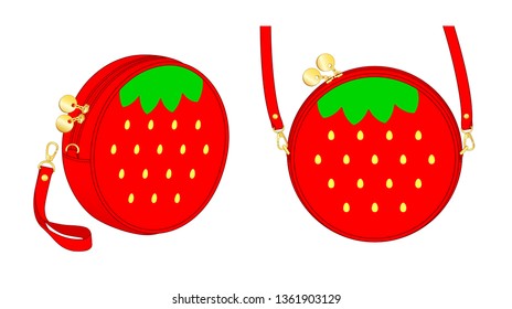 Red strawberry circle bag, round purse, double slider zipper bag, daily zip pouch with detachable shoulder strap/ detachable wrist strap, vector illustration sketch template