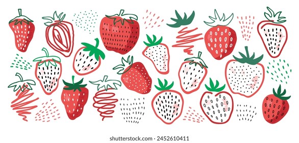 Red Strawberry doodle sketch set isolated on white background. Colored strawberry.Vector sweet berries organic food. Summer tropical elements cartoon style for nursery, prints, textile. Red berries.