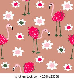 Red strawberry flamingo and flowers seamless pattern. Perfect for T-shirt, textile and print. Hand drawn vector illustration for decor and design.



