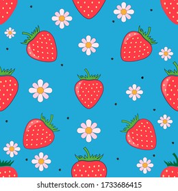 Fresa roja y flor sin costuras Patrón. Diseño vectorial de fondo de fresa.