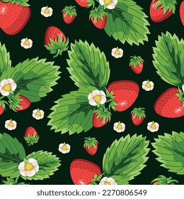 Red strawberry. Strawberry flowers and green leaves. Abstract seamless pattern on a dark background