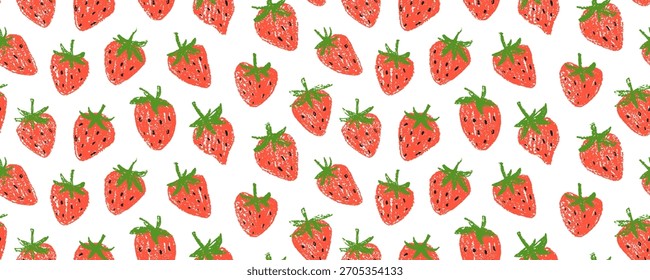 Fruta de fresa roja y patrón de hoja sin fisuras con textura de crayón. Diseño de fondo de Anuncio sin fisuras brillante funky. Perfecto para el Fondo de pantalla de verano, el arte infantil o un gráfico de comida retro.