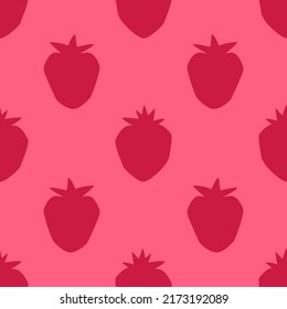 Red Strawberry Fruit Seamless Pattern, in Flat Design Style. Hand Drawn Cartoon Strawberries on Red Background, Simple Tropical Design. Summer Illustration.