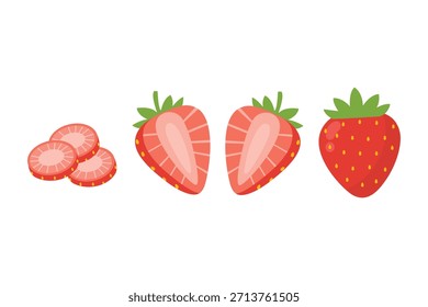 Conjunto de frutas de fresa roja. Entero y cortado en rodajas. Conveniente para el arte del Clip, pegatinas, ilustración plana del diseño, etc 