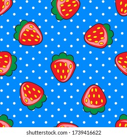 Red Strawberry Fruits With Blue Polkadot Background 