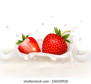 Red strawberry fruits falling into the milky splash. Vector illustration 