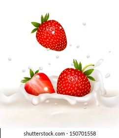 Red strawberry fruits falling into the milky splash. Vector illustration 