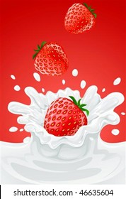 red strawberry fruits falling into the milky splash - vector illustration