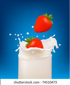 Red strawberry fruits falling into the milky splash in a glass. Vector illustration