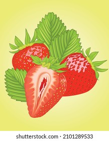 Red strawberry and green leaf isolated on yellow background.