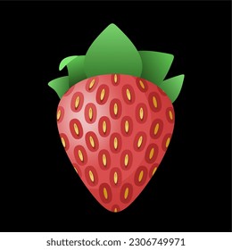 A red strawberry with green leaves on a black background.
