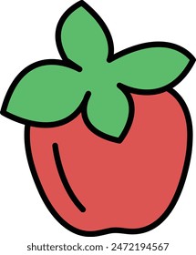 A red strawberry with green leaves on top. The strawberry is drawn in a cartoon style. The image has a playful and lighthearted mood
