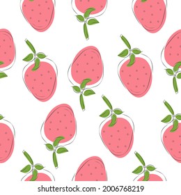 Red strawberry with green leaves seamless pattern on white background, line art, hand drawn sketch