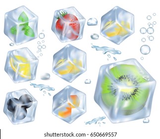 Red strawberry, half of kiwi, ripe blueberries, sour lemon and green mint in ice cubes isolated vector illustration on white background.
