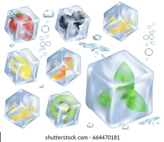 Red strawberry, half of kiwi, ripe blueberries, sour lemon and green mint in ice cubes isolated vector illustration on white background.