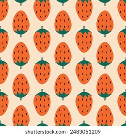 Ilustración vectorial de fresa roja dibujada a mano. Patrón sin costuras de fruta de verano colorida para niños de tela o Fondo de pantalla.