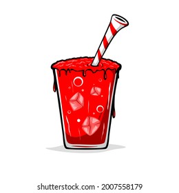 Red Strawberry Ice Cup with Striped Straw Vector Isolated on White Background