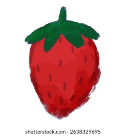 Red strawberry illustration with green leafy top in a textured hand-drawn style. Captures a fresh and sweet fruit for vibrant seasonal themes. Great for food packaging, summer prints,