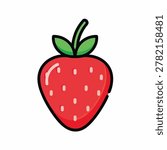 A red strawberry illustration with a thick black outline, green leaves, and small yellow seeds on a white background.